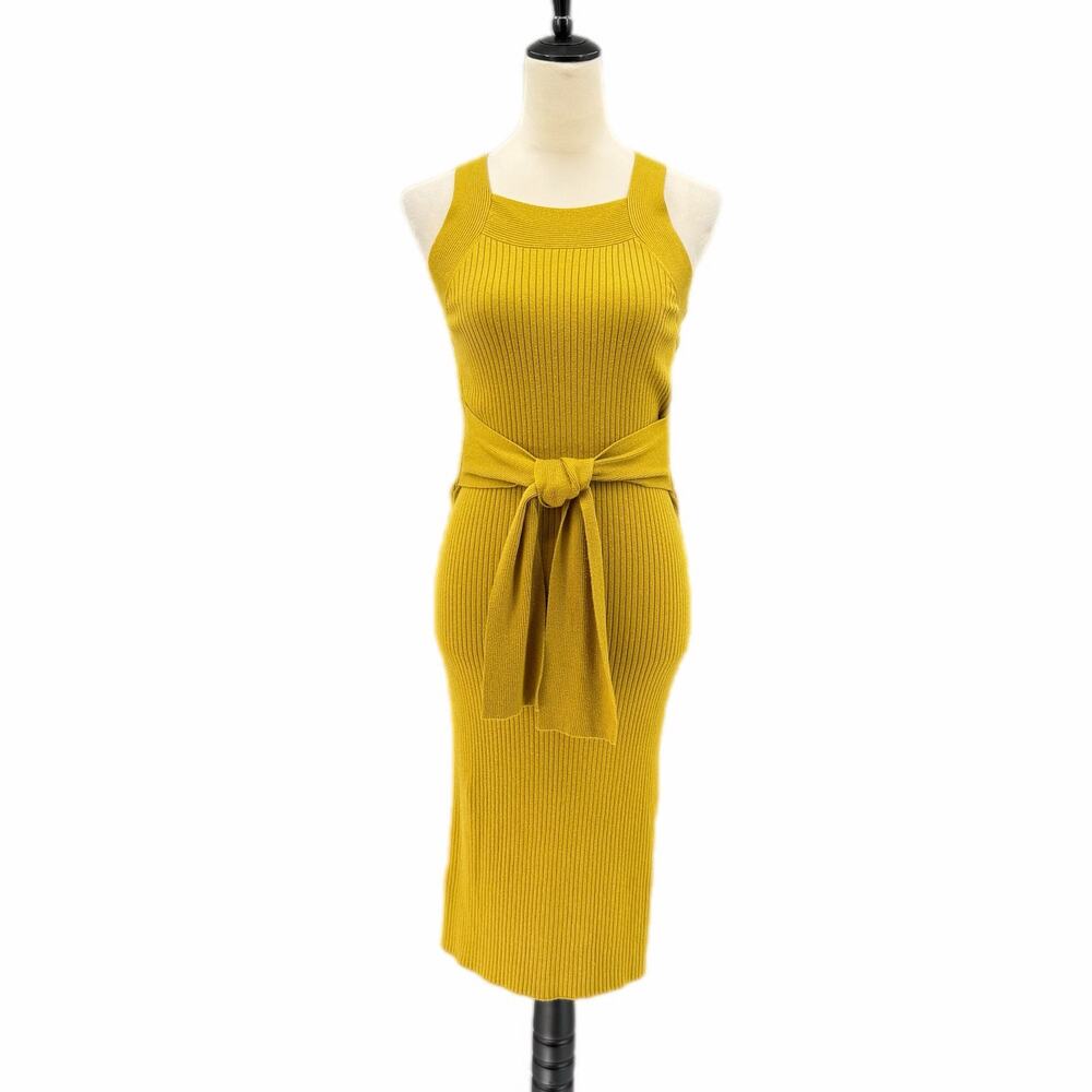 Ann Taylor PETITE Ribbed Knit Chartreuse Sleeveless Waist Tie Chic Midi Dress